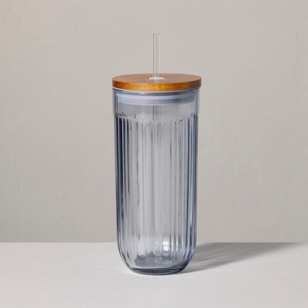 Hearth & Hand Magnolia 21oz Fluted Glass Tumbler with Wood Lid Blue